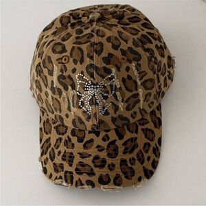 Adjustable Brown & Black Cheetah Print Rhinestone Bowknot Baseball Cap OS New